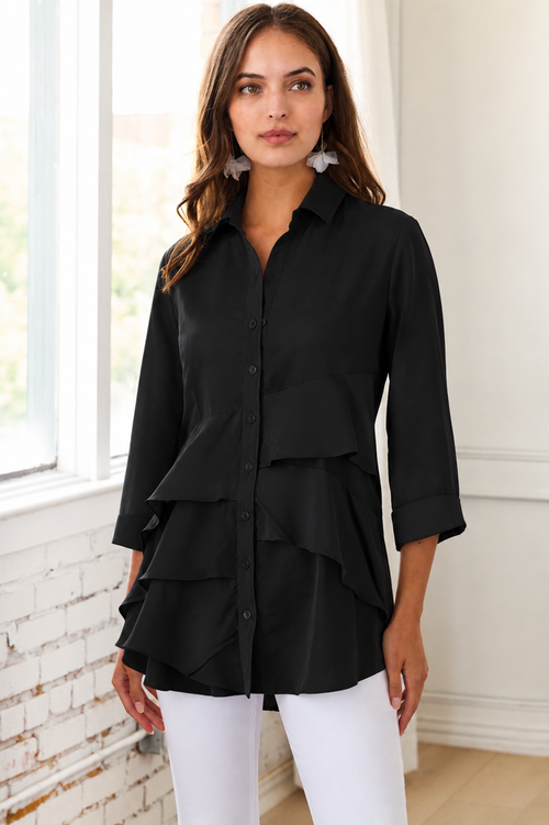 3/4 Sleeve Jenna Black Shirt - Cotton/Nylon/Spandex
