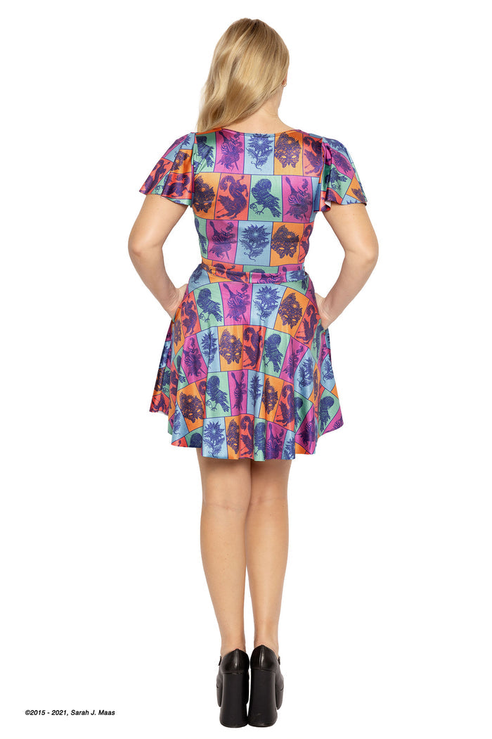 Sarah J Maas ACOTAR Rio skater dress, A Court of Thorns and Roses inspired dress with symbolic motifs from the series, cap sleeves, fitted bodice and flared skirt with pockets, fantasy outfit
