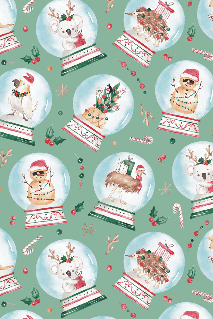 Pattern of Christmas-themed snow globes with animals on a green background