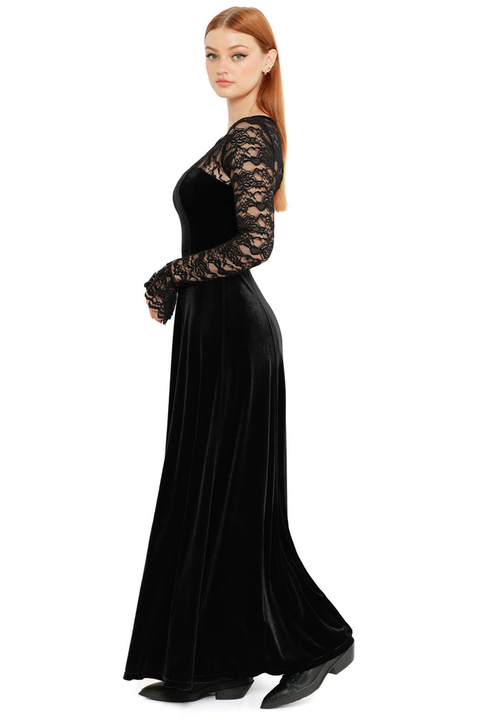 Detail view of the Abyss Lace Long Sleeve Velvet Maxi Dress, showcasing floral lace sleeves, smooth velvet fabric and gothic romantic styling