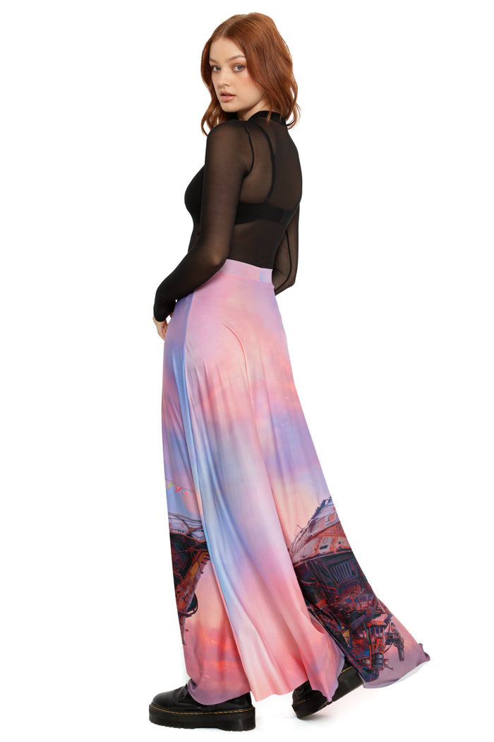 Fallout x BlackMilk Ad Victoriam Maxi Skirt with detailed airship artwork inspired by the Brotherhood of Steel from Fallout.