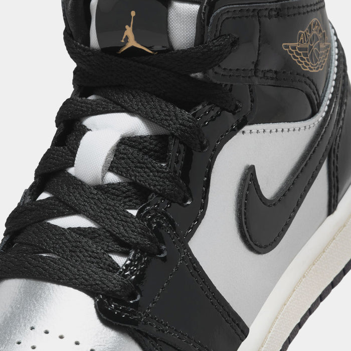Air Jordan 1 Mid SE Preschool Lifestyle Shoes (Black/Metallic Gold/Metallic Silver)