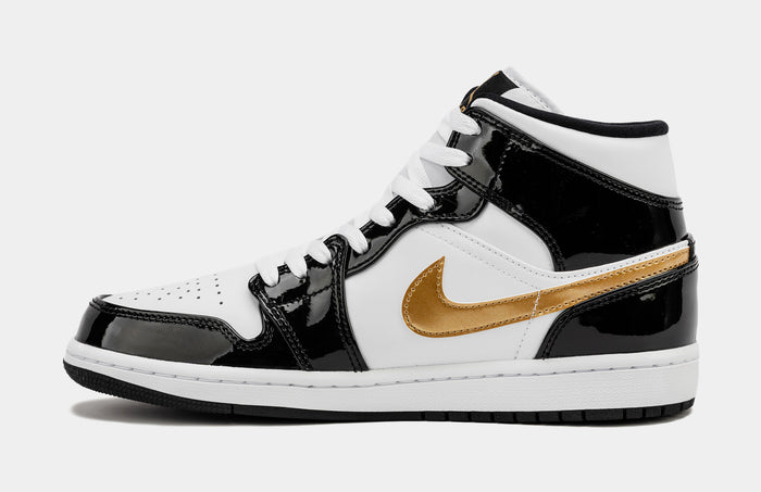 Air Jordan 1 Retro Mid SE Patent Black Gold Mens Lifestyle Shoes (Black/Gold)