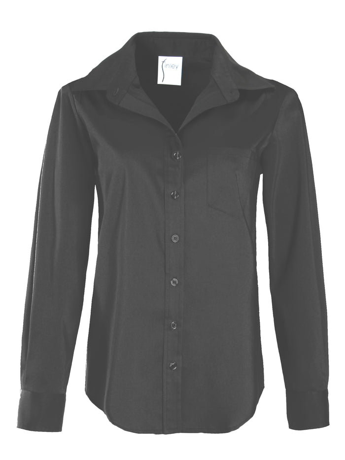 A front view of the Finley Alex blouse, a black button-down poplin shirt with a barrel cuff and a relaxed fit.