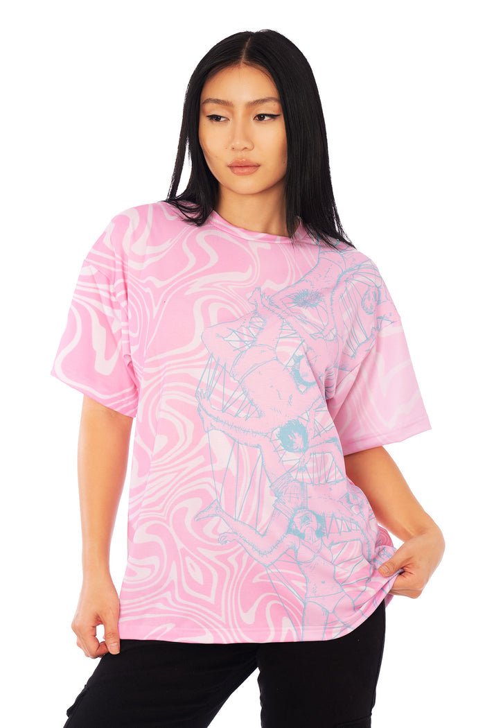 Venus in the Blind Spot oversized pink tee from the Junji Ito x BlackMilk collaboration, unisex manga art t-shirt in pastel gothic streetwear style.