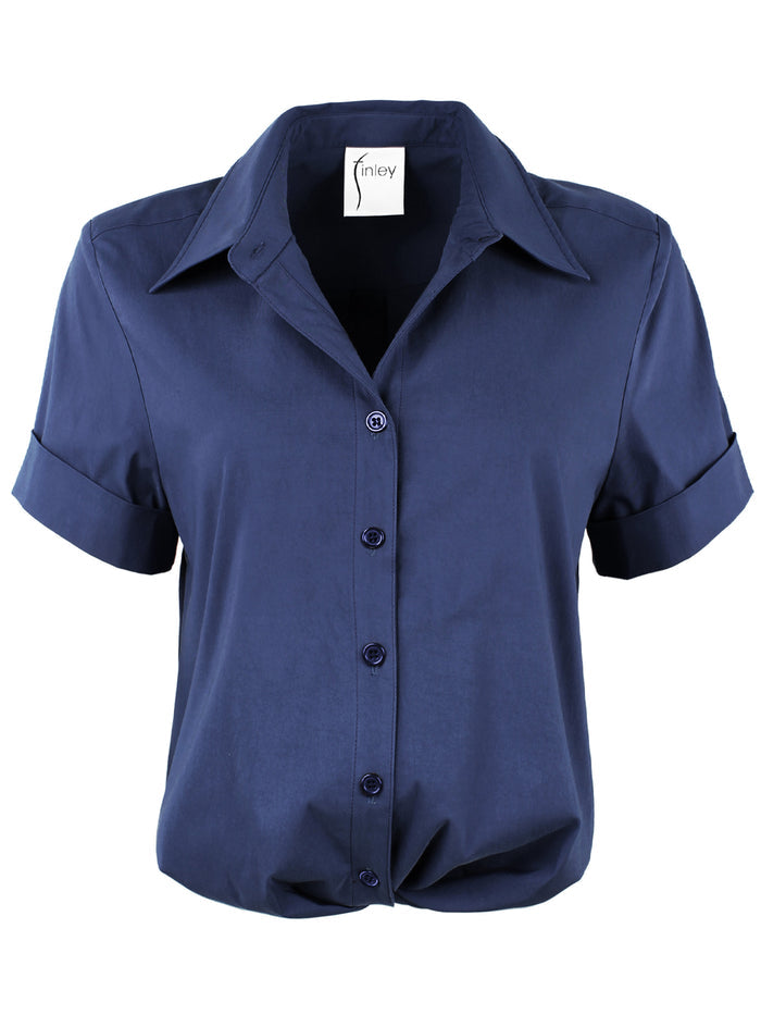 Navy blue short-sleeve shirt with a collar on a white background