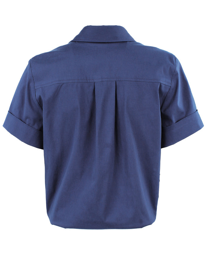 Blue short-sleeve shirt on a white background