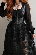 Detail view of the Altered Colour Lace Maxi Skirt, showcasing black floral lace appliqué and sheer layered construction
