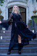 ACOTAR Amarantha black lace maxi dress, inspired by A Court of Thorns and Roses series by Sarah J Maas, featuring sheer mesh sleeves, V neckline, fitted bodice and flowing full length skirt, dark fantasy evening gown