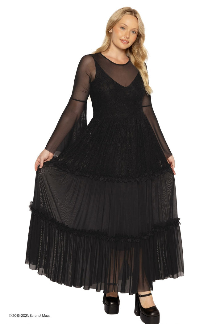 A Court of Thorns and Roses Amarantha dress, ACOTAR inspired black lace maxi dress by Sarah J Maas with sheer long sleeves, mesh detailing, V neck and elegant flowing silhouette, Under the Mountain aesthetic