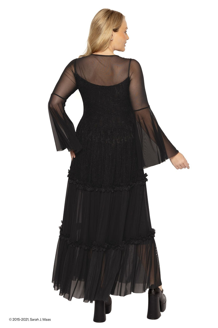 ACOTAR series Amarantha lace maxi dress, inspired by A Court of Thorns and Roses books by Sarah J Maas, featuring black lace fabric, sheer sleeves, V neckline and full length flowing skirt, gothic fantasy outfit