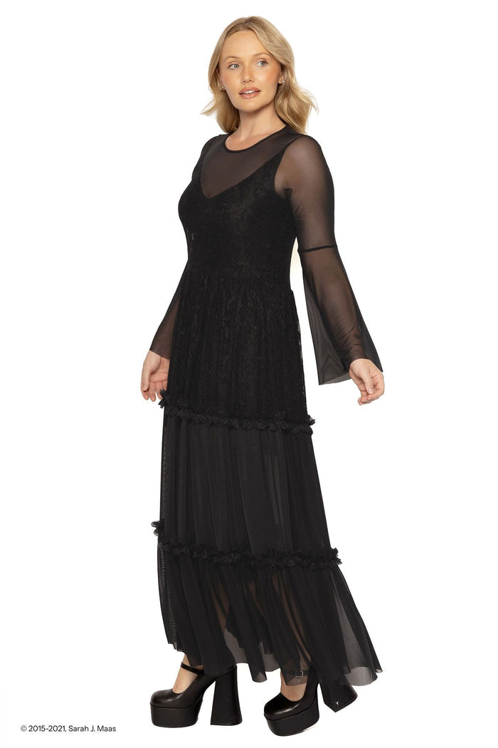 Black lace Amarantha maxi dress ACOTAR inspired, A Court of Thorns and Roses series gown by Sarah J Maas with sheer mesh sleeves, fitted bodice and flowing silhouette, dark romantic fantasy fashion piece