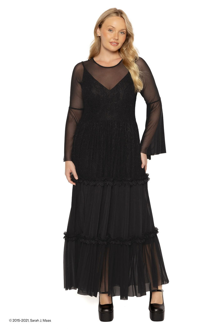 A Court of Thorns and Roses series Amarantha dress, ACOTAR black lace maxi gown by Sarah J Maas with sheer sleeves, V neckline and lightweight flowing skirt, elegant fantasy eveningwear