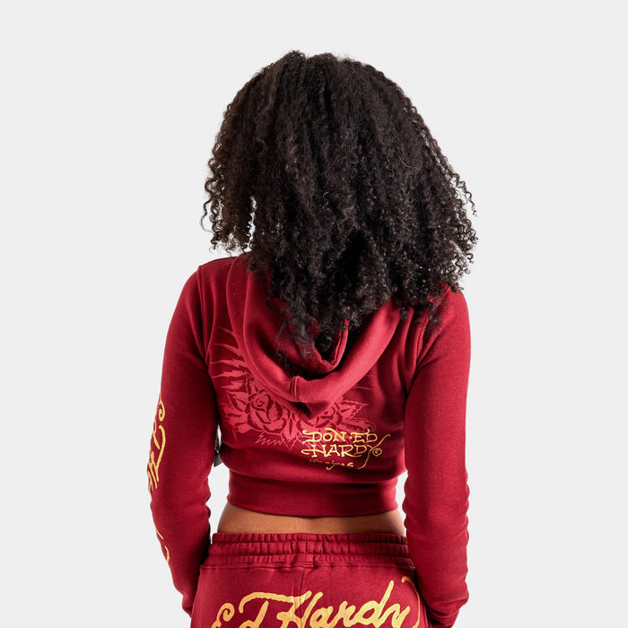 Amor Butterfly Full Zip Womens Hoodie (Burgundy/Black)