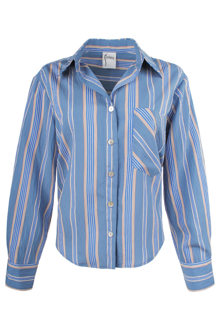 Blue and beige striped shirt on a white background