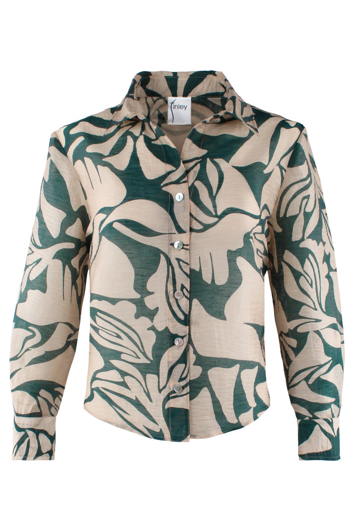 Andie Cropped Shirt Green/Natural Stepping Stones Print