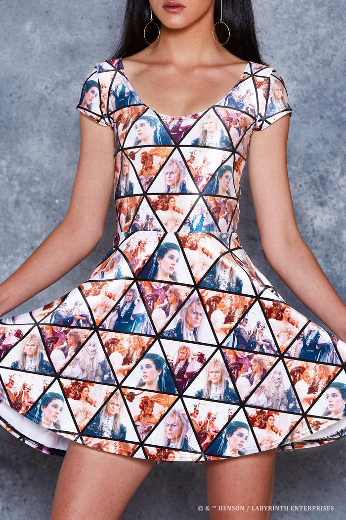 BlackMilk Labyrinth As the World Falls Down Velvet Cap Sleeve Skater Dress, officially licensed Jim Henson's Labyrinth (1986) merch featuring David Bowie as Jareth the Goblin King in the masquerade ballroom scene print - close-up front view of the bodice and skirt detail.