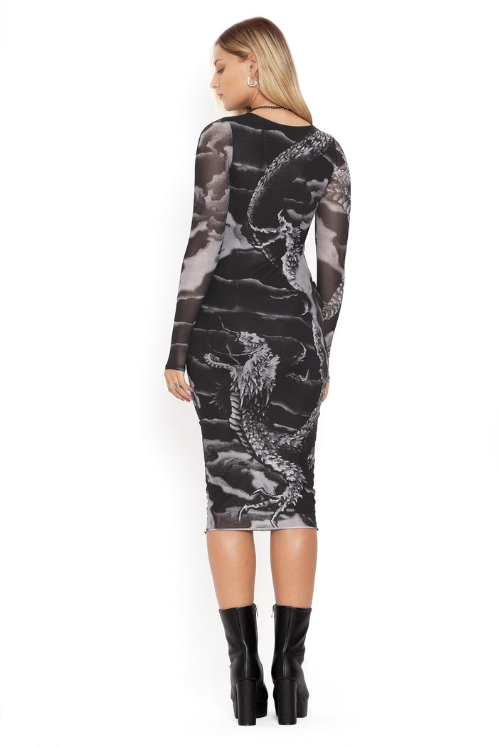 BlackMilk Clothing - ascending dragon descending dragon sheer long sleeve bodycon midi dress