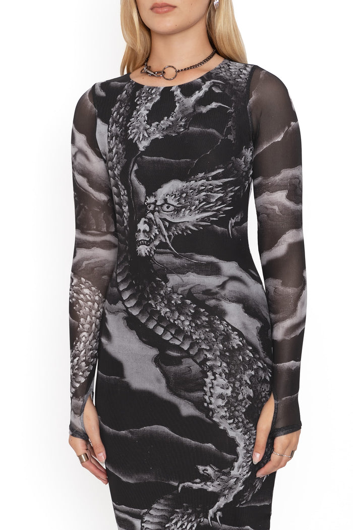 BlackMilk Clothing - ascending dragon descending dragon sheer long sleeve bodycon midi dress