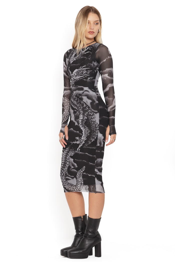 BlackMilk Clothing - ascending dragon descending dragon sheer long sleeve bodycon midi dress