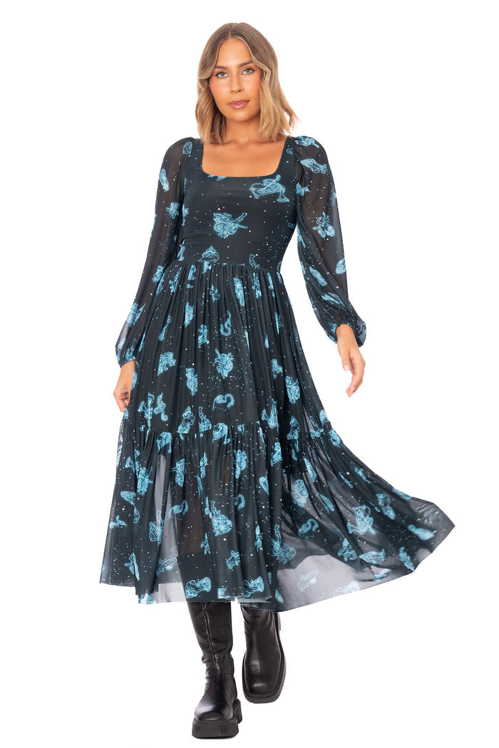 The Elder Scrolls Online fashion inspired dress with cosmic Aurbis print and soft layered mesh design