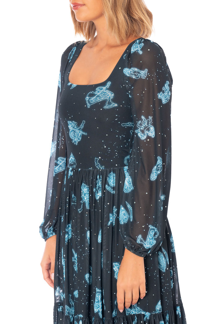 Elder Scrolls clothing maxi dress inspired by Aurbis with star like patterns and sheer sleeve detailing