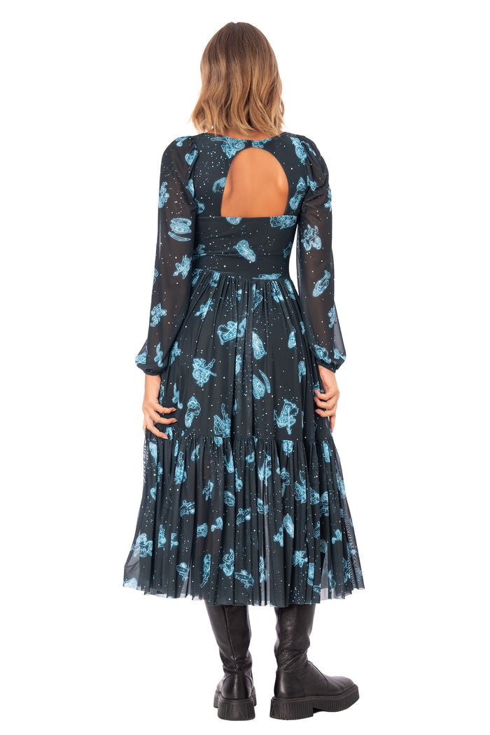 The Elder Scrolls fashion piece featuring Aurbis inspired dress with floaty silhouette and celestial print