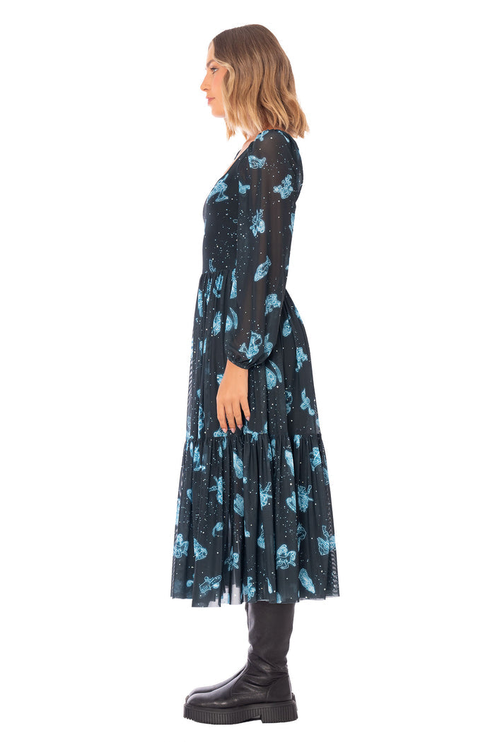 Elder Scrolls apparel maxi dress with cosmic symbols, sheer bishop sleeves and gathered flowing skirt