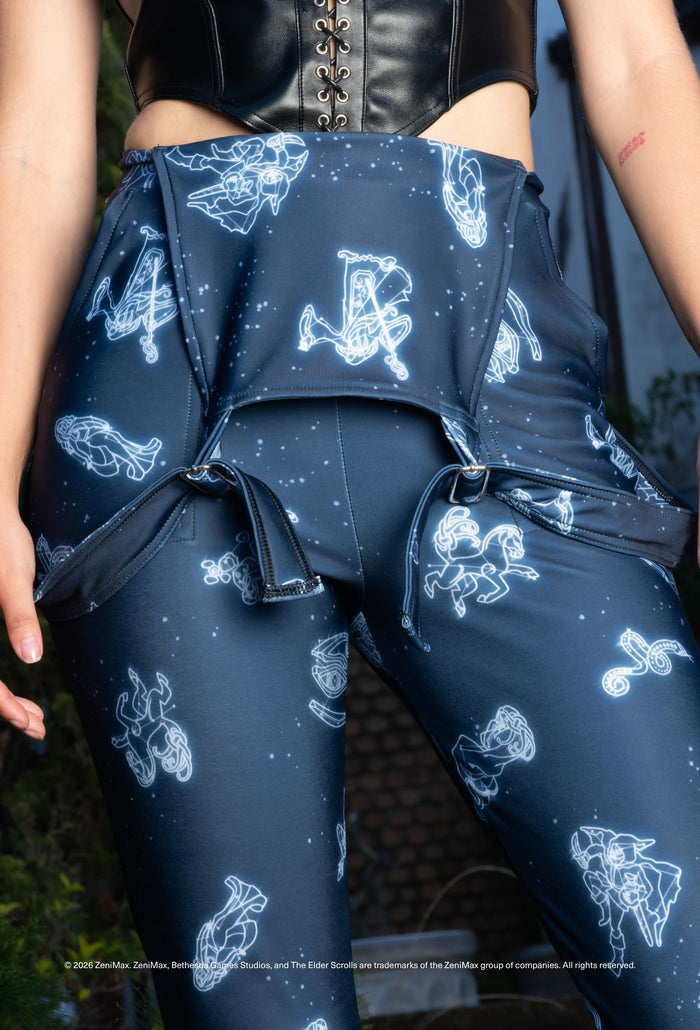 Elder Scrolls fashion overalls inspired by Aurbis with adjustable buckle straps, full length fit, pockets and celestial pattern