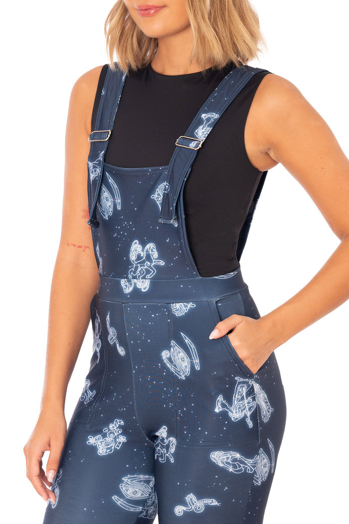 Elder Scrolls apparel overalls with adjustable shoulder straps, structured bib detail, side pockets and Aurbis inspired artwork
