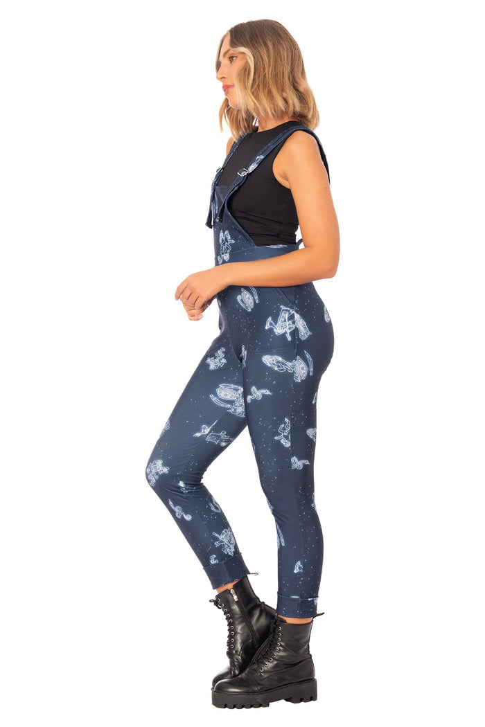 The Elder Scrolls fashion piece featuring overalls with front bib panel, buckle straps, cuffed hem finish and celestial print
