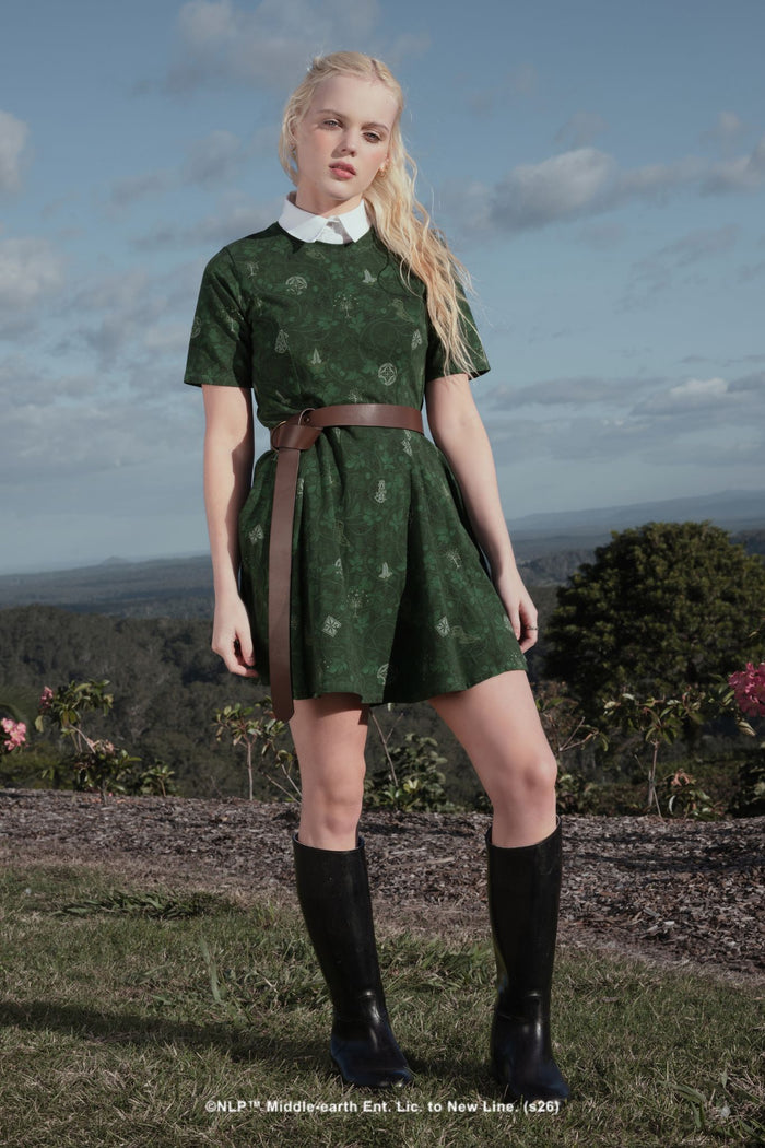 BlackMilk x The Lord of the Rings Bag End Wallpaper Evil Tee Dress in deep green, featuring a botanical print inspired by the cosy interiors of Bag End and the Shire.