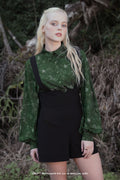 BlackMilk x The Lord of the Rings Bag End Wallpaper Long Sleeve Blouse in deep green, featuring a Peter Pan collar and botanical print inspired by the cosy interiors of Bag End.