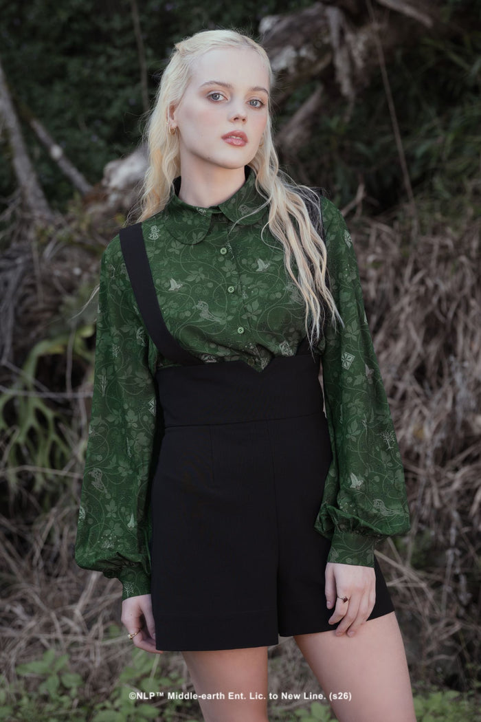 BlackMilk x The Lord of the Rings Bag End Wallpaper Long Sleeve Blouse in deep green, featuring a Peter Pan collar and botanical print inspired by the cosy interiors of Bag End.