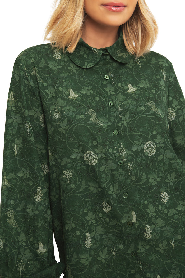 Back view of the BlackMilk Bag End Wallpaper Long Sleeve Blouse, showing the relaxed silhouette and botanical Bag End-inspired print in deep green.