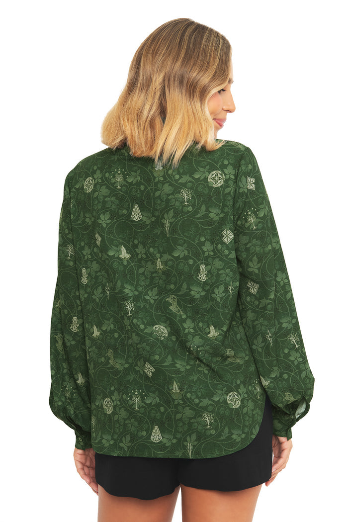 Side profile of the BlackMilk Lord of the Rings Bag End Wallpaper Long Sleeve Blouse, showing the buttoned front and long sleeves in deep green cotton.