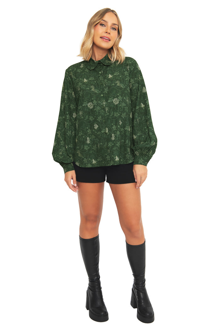 Full-length styled look of the BlackMilk Bag End Wallpaper Long Sleeve Blouse paired with bottoms, a cottagecore-inspired piece from the Lord of the Rings collection.