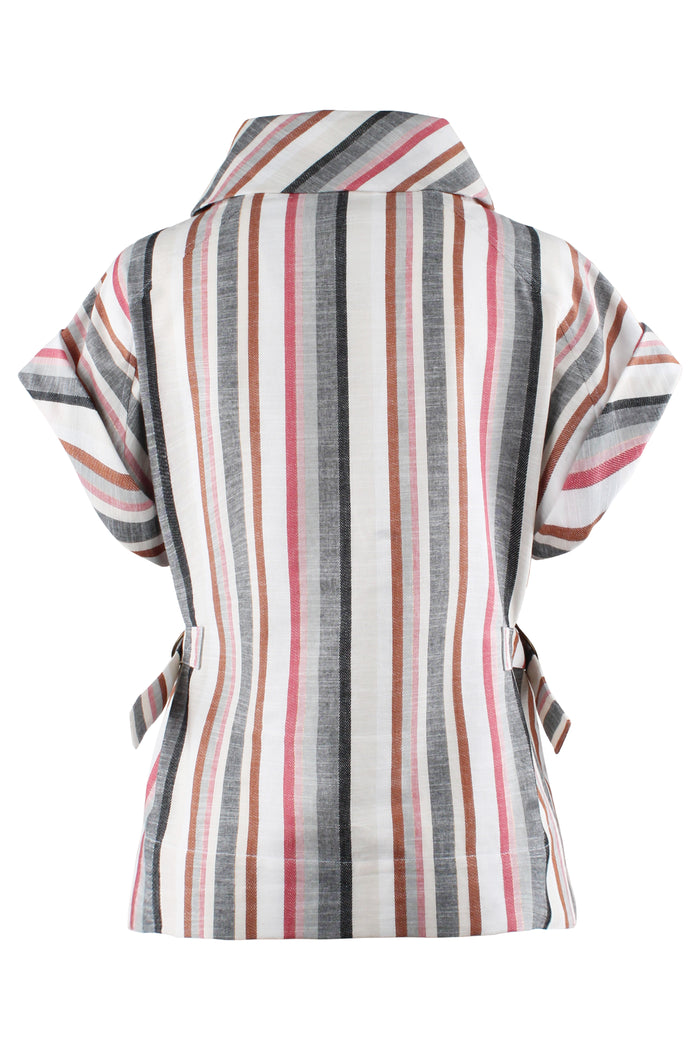 A striped short-sleeve collared shirt shown from the back, featuring vertical stripes in white, gray, brown, and pink on a plain white background.
