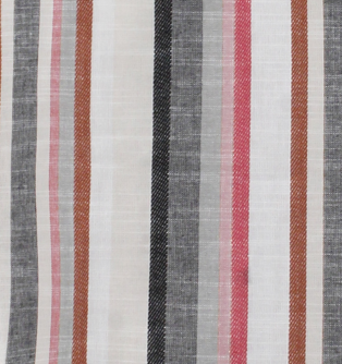 A close-up of a striped woven textile with vertical bands in off-white, charcoal gray, black, dusty pink, rust brown, and light gray.