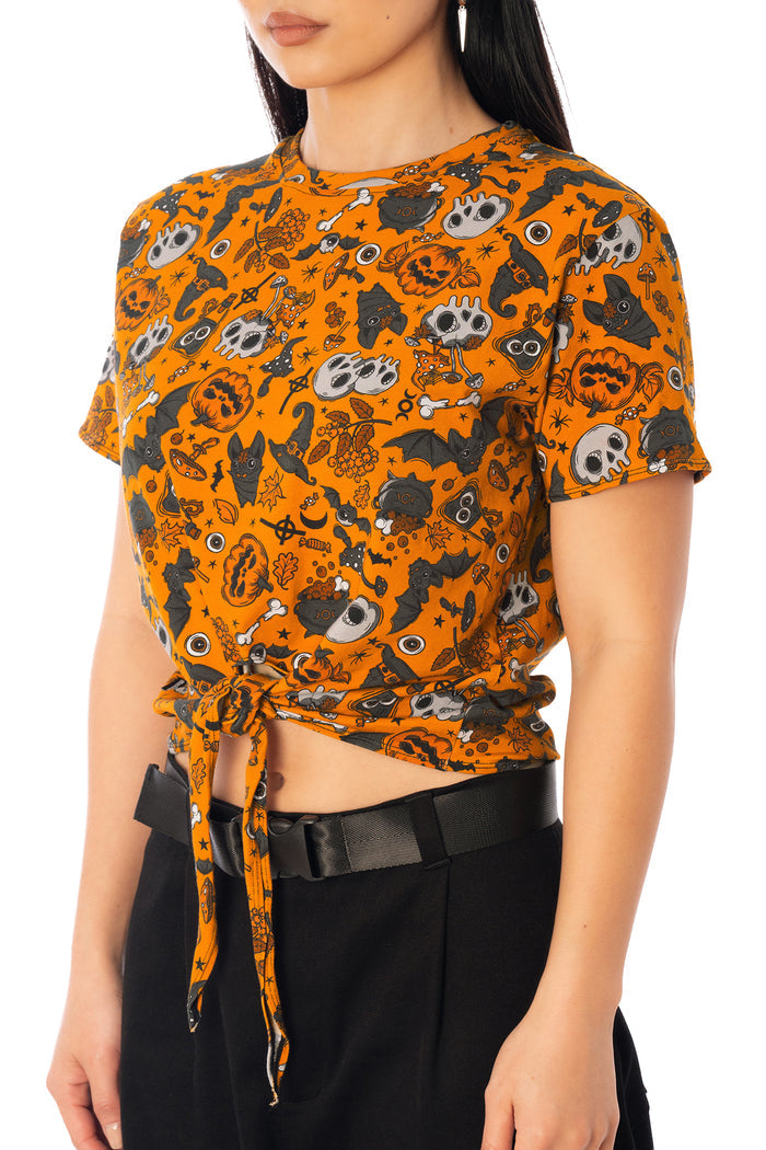 BlackMilk Bat to the Bone Cotton Tie Front Tee – orange Halloween skull, bat and pumpkin print tie-front tee, part of the BlackMilk Clothing Halloween collection