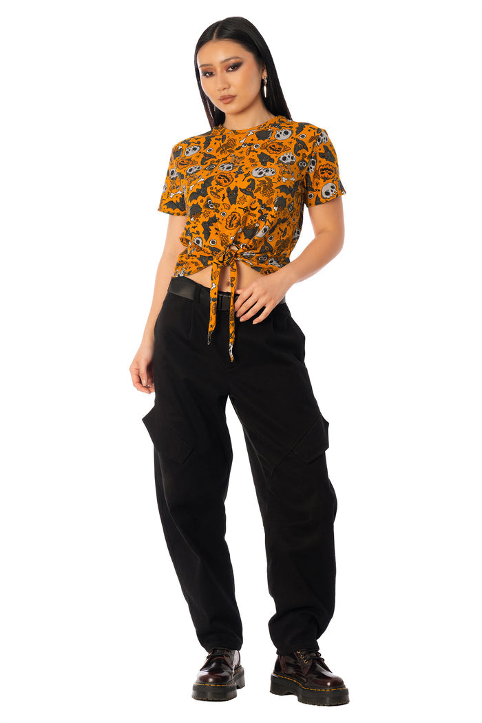 BlackMilk Bat to the Bone Cotton Tie Front Tee – orange Halloween skull, bat and pumpkin print tie-front tee, part of the BlackMilk Clothing Halloween collection