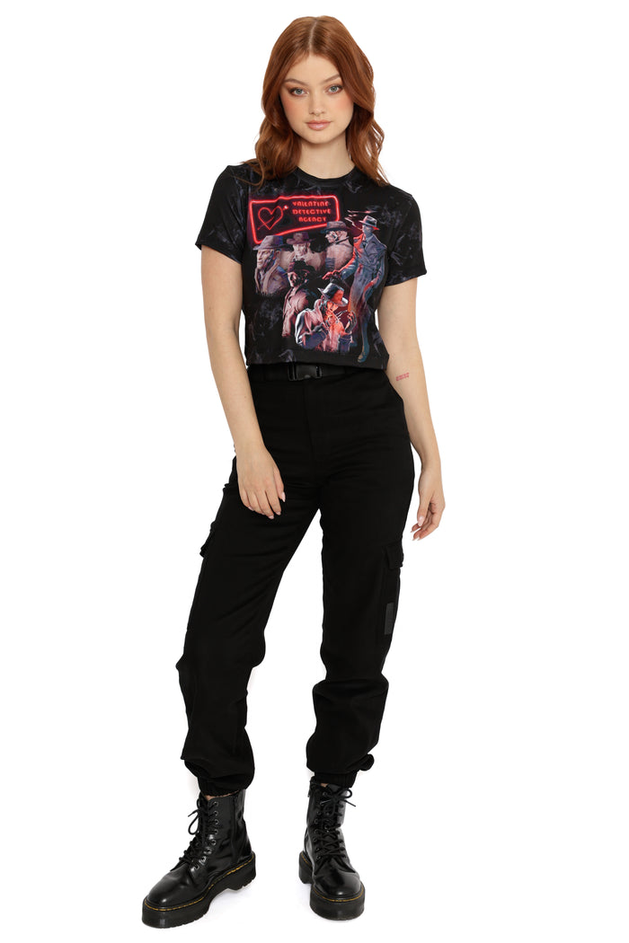 Fallout x BlackMilk cropped black baby tee with Valentine Detective Agency graphic inspired by Fallout 4.