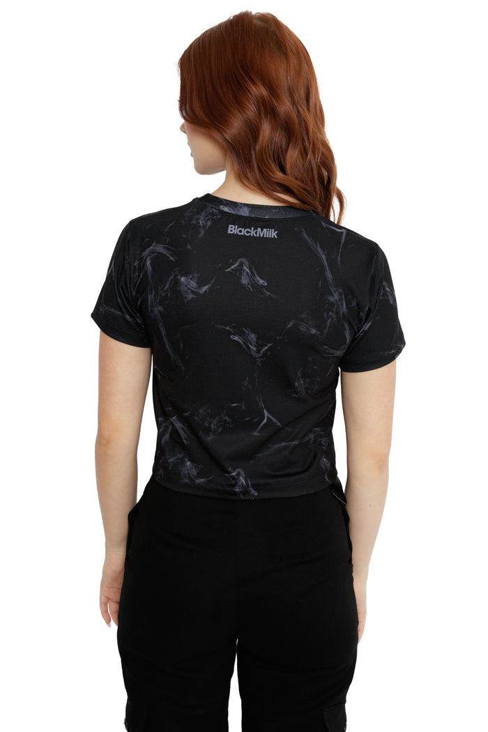 Black cropped Fallout x BlackMilk Be My Valentine Tee with neon sign print and Nick Valentine inspired design.