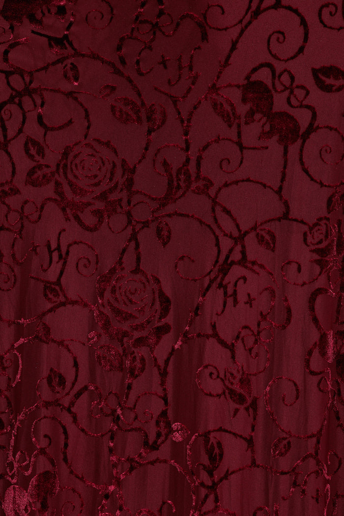 Wuthering Heights Be With Me Always Princess Maxi Dress in black cherry burned velvet, featuring a fitted bodice, flowing skirt and dark romantic styling
