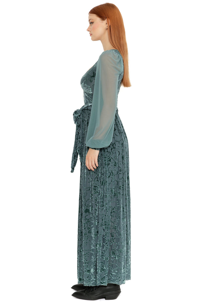 Wuthering Heights Be With Me Always Maxi Dress in juniper burned velvet, a sheer gothic romance style with deep neckline, thigh split and flowing silhouette
