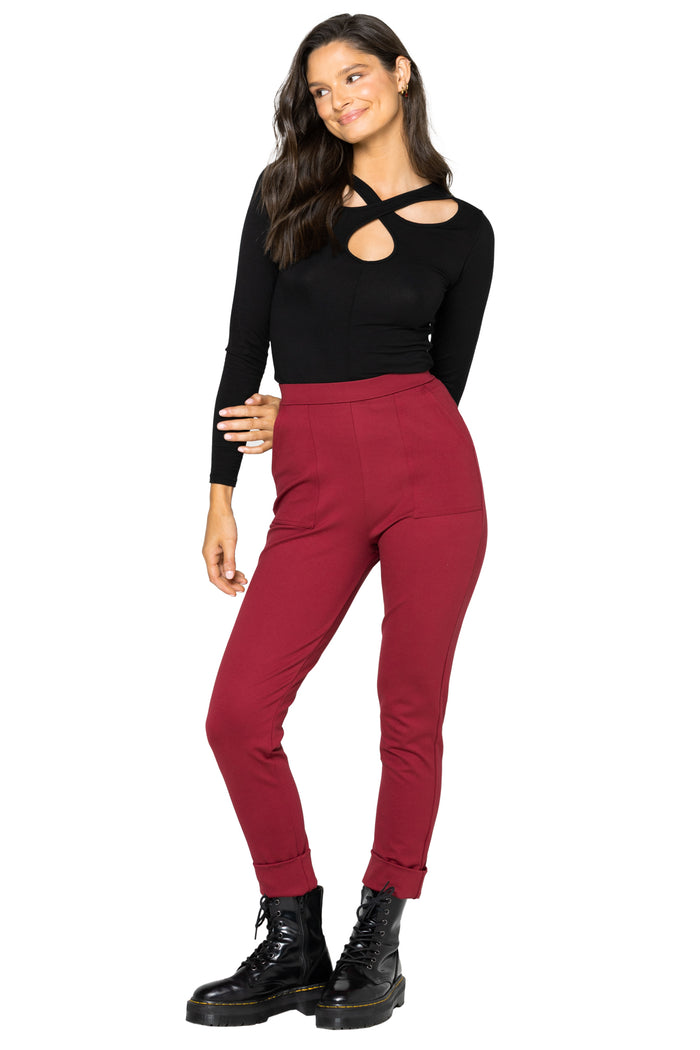 Berry Push It Ponte High Waisted Cuffed Pants