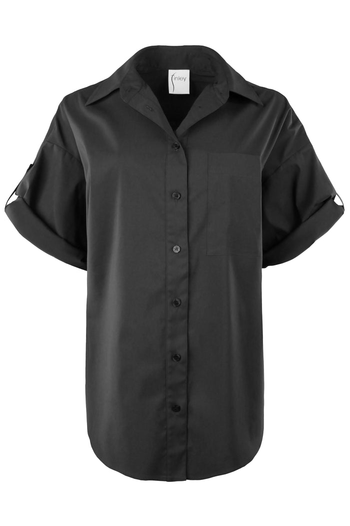 Black short-sleeve shirt on a white background