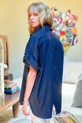 Big Time Oversized Boyfriend Shirt, Navy Silky Poplin