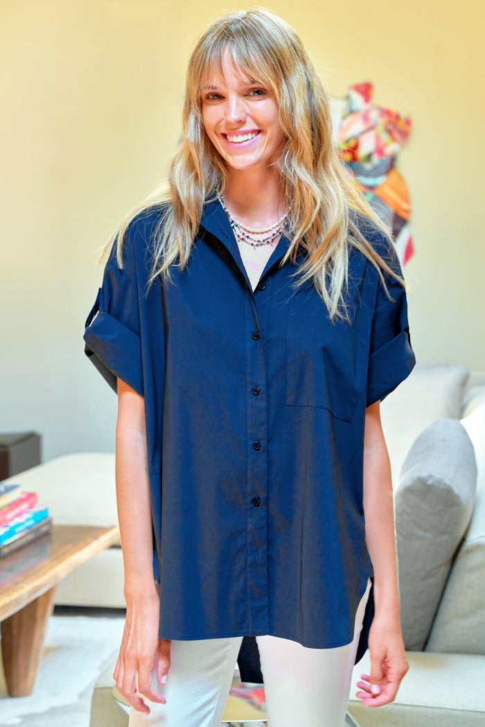 Big Time Oversized Boyfriend Shirt, Navy Silky Poplin