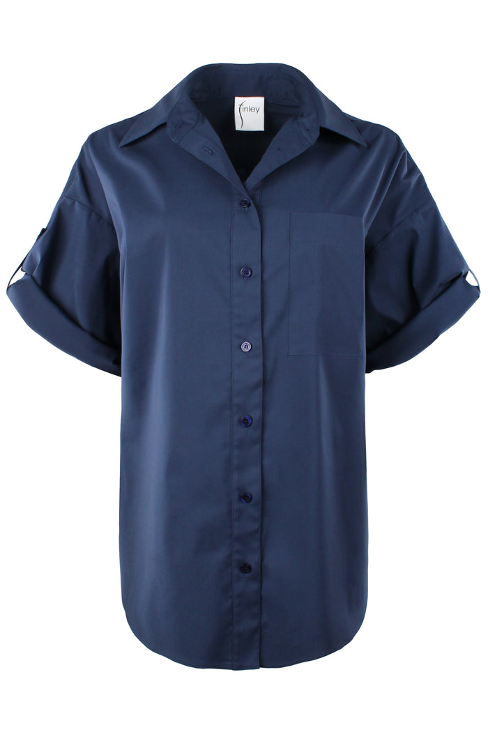 Big Time Oversized Boyfriend Shirt, Navy Silky Poplin